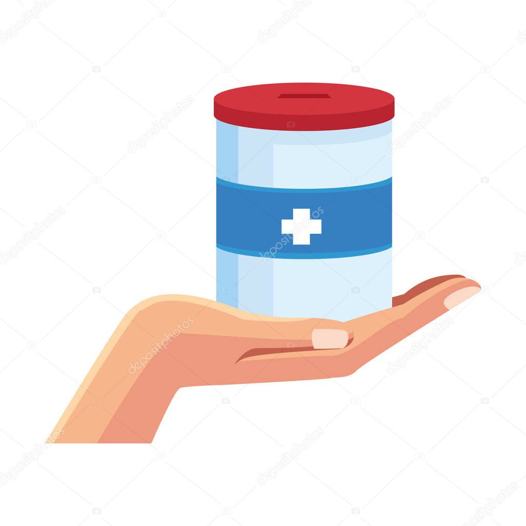 hand holding a donation tin, colorful design