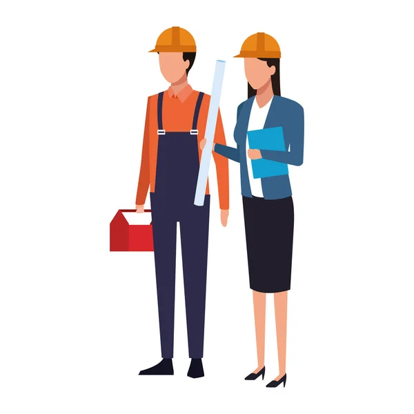 Constructeur homme et ingénieur femme debout — Image vectorielle