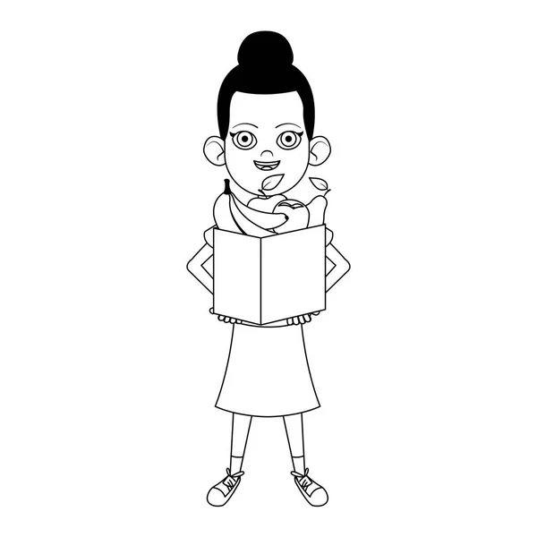 Dibujos animados chica sosteniendo una caja con frutas, diseño plano — Vector de stock
