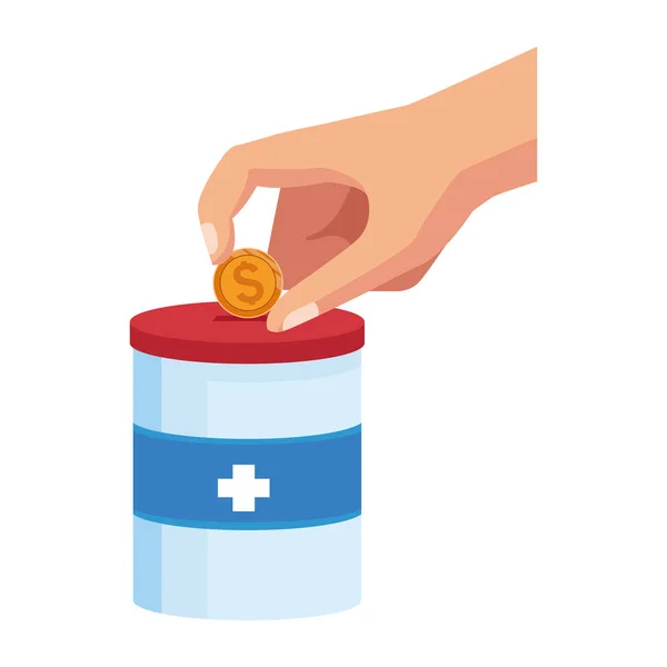 Mano con icono de la lata de donación, diseño colorido — Vector de stock
