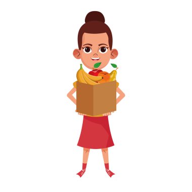 Çizgi film kızı elinde meyve dolu bir kutu tutuyor.