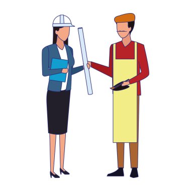 Mühendis kadın ve sanatçı erkek ayakta, renkli tasarım