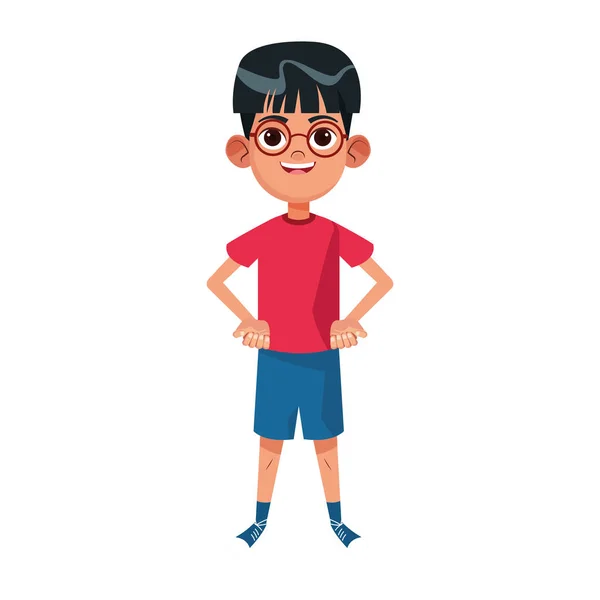 Karikatur glücklicher Junge mit Brille im Stehen, buntes Design — Stockvektor