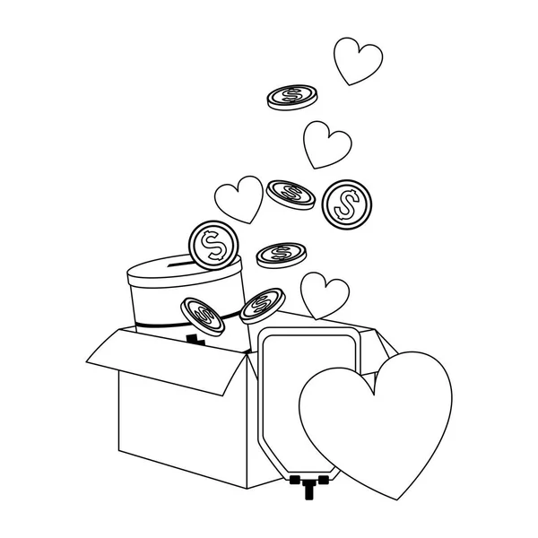 Boîte avec étain de don, sac de sang et coeur — Image vectorielle