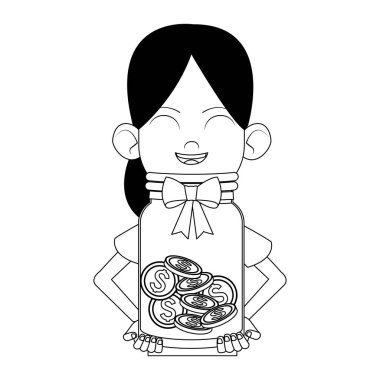 Çizgi film kızı elinde para şişesi tutuyor, düz tasarım.
