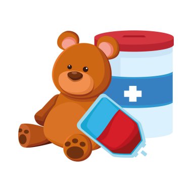 bağış kutusu, oyuncak ayı ve kan torbası.