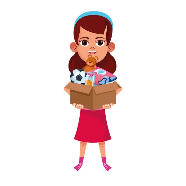 Fille de dessin animé tenant une boîte avec des objets de don, design coloré — Image vectorielle
