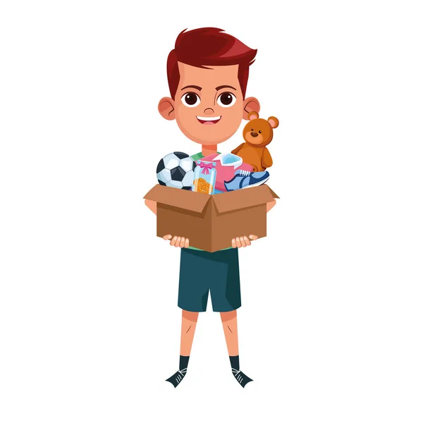 Cartoon boy holding a box with donation stuffs, colorful design — Stock Vector