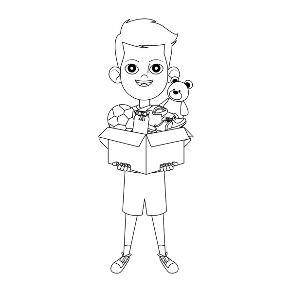 Cartoon boy holding a box with donation stuffs — Stock Vector