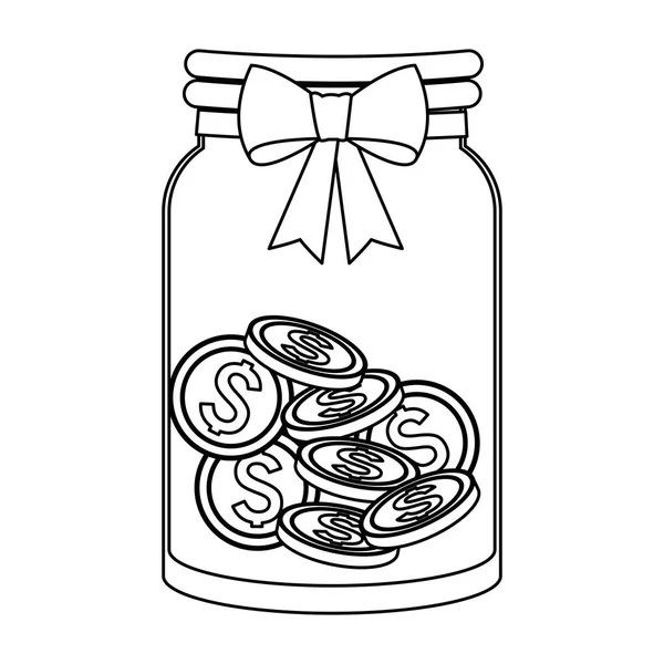 Bottle glass with coins and pink bow — 스톡 벡터