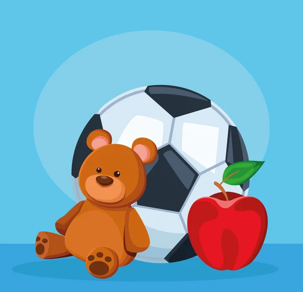 Bola de futebol, urso e fruta de maçã, design colorido —  Vetores de Stock