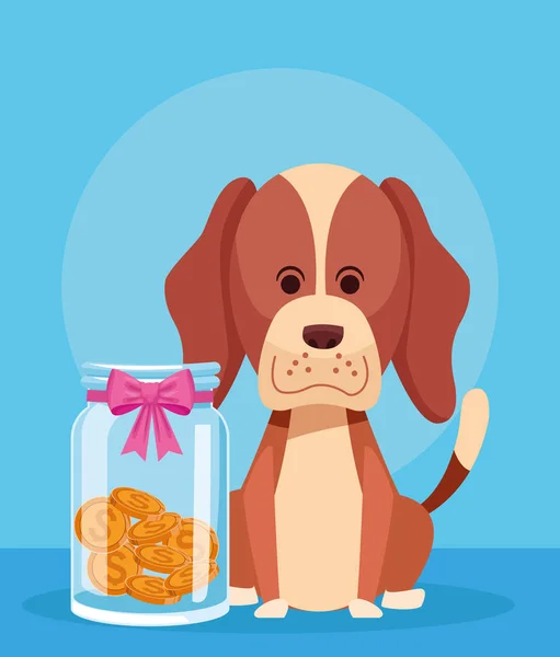 Cartoon niedlicher Hund mit Glassparschwein mit rosa Schleife und Münzen — Stockvektor