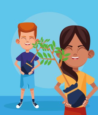 Çizgi film çocuğu ve bitkileri olan kızlar, renkli tasarım.