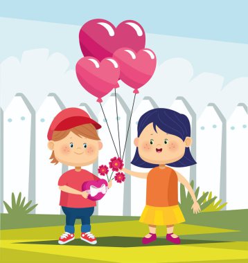 Çiçekli sevimli çocuk ve kalp balonlu kız, renkli tasarım.