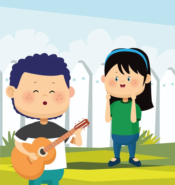Cartoon happy girl and boy playing guitar and singing, colorful design — 스톡 벡터