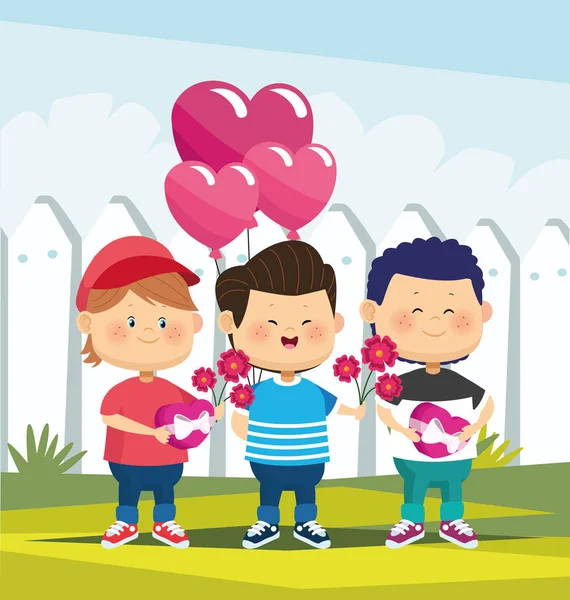 Meninos bonitos com flores e balões de coração, design colorido — Vetor de Stock