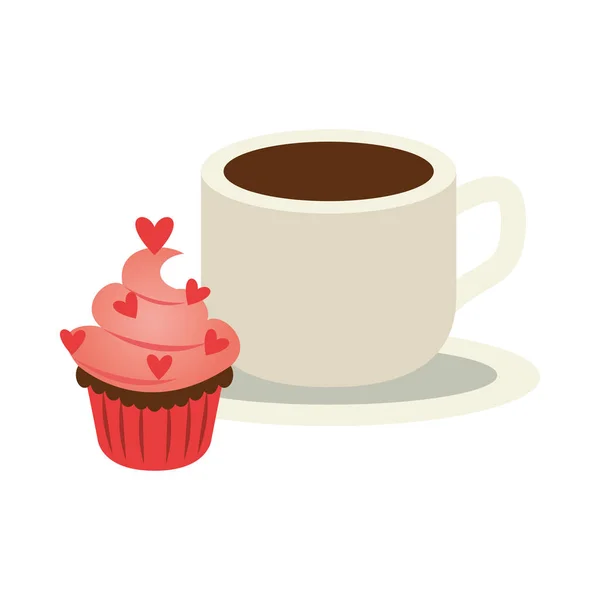 Delicioso cupcake dulce con corazones y café — Vector de stock