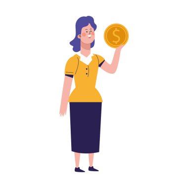 Para para simgesi olan çizgi film kadını, renkli tasarım.