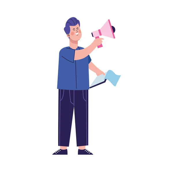 Cartoon man with megaphone and clipboard, colorful design — 스톡 벡터