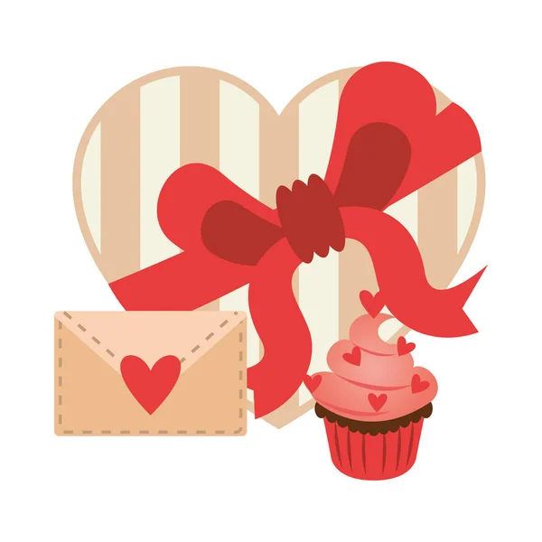 Lahodný sladký dortík se srdcem a čokoládovou krabičkou — Stockový vektor