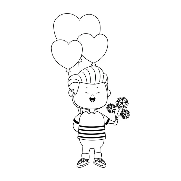 Мультяшный мальчик с воздушными шарами сердца и красивыми цветами, плоский дизайн — стоковый вектор