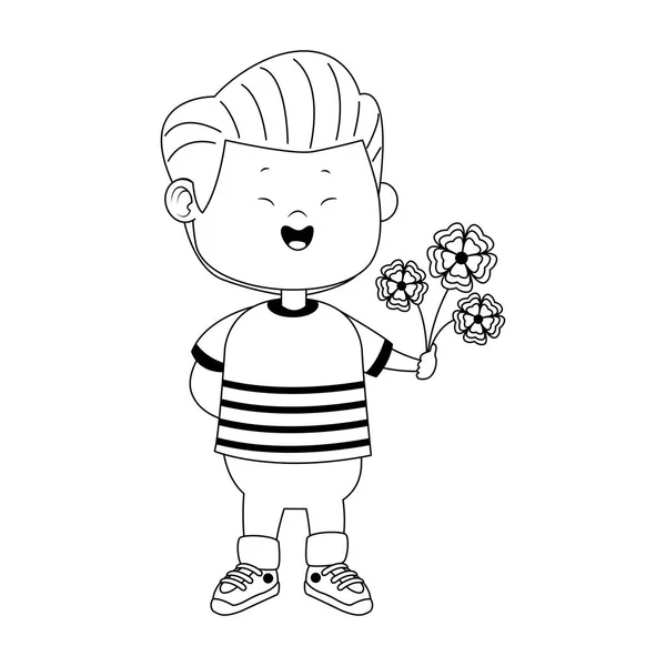 Menino dos desenhos animados com flores bonitas, design plano — Vetor de Stock