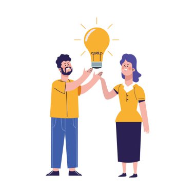 Büyük ampul ikonuna sahip kadın ve erkek