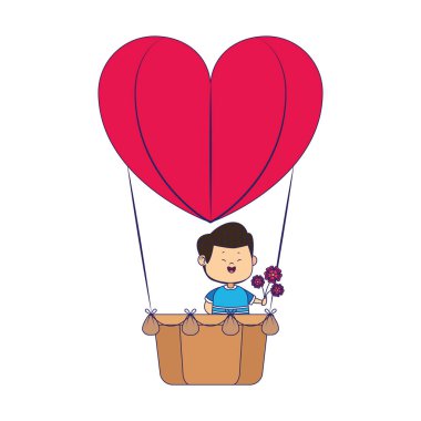 Sıcak hava balonunda çiçek taşıyan çocuk kalp şeklinde.