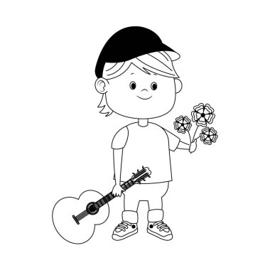 Güzel çiçekleri ve gitarı olan çizgi filmci çocuk, düz tasarım.