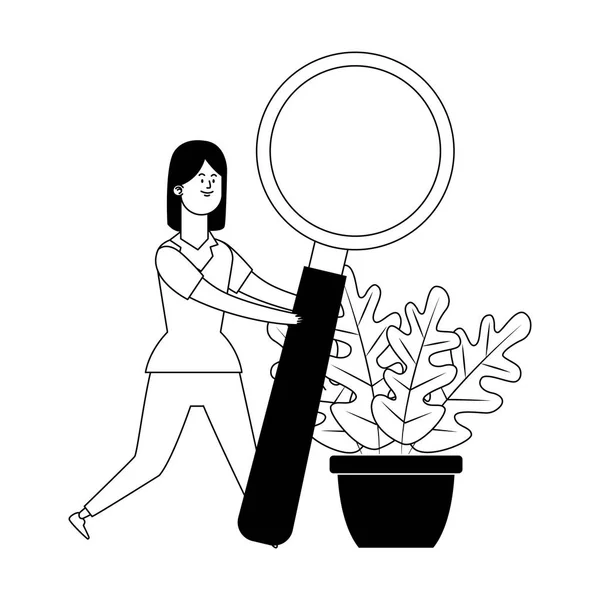 大きな虫眼鏡と植物を持つ漫画の女性フラットデザイン — ストックベクタ
