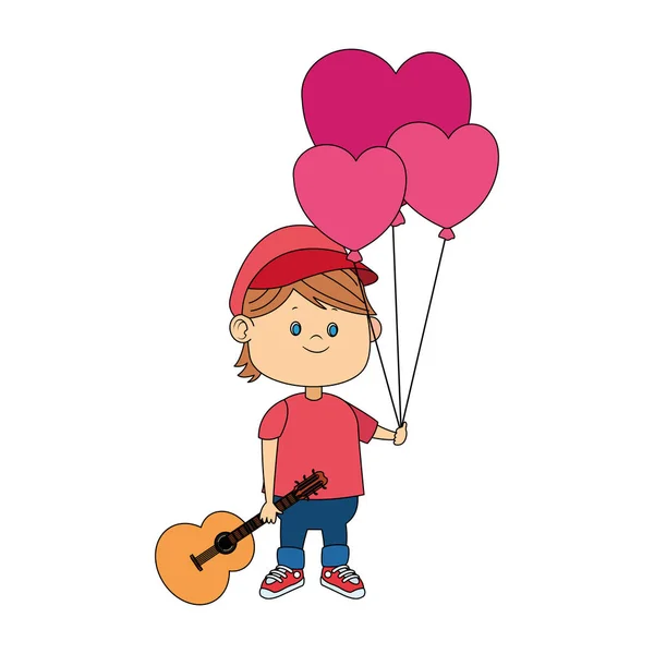 Tecknad man med hjärta ballonger och gitarr — Stock vektor