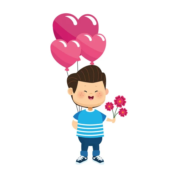 Menino dos desenhos animados com balões do coração e flores bonitas, projeto colorido — Vetor de Stock