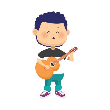 Gitar çalan çizgi filmci çocuk, renkli tasarım.