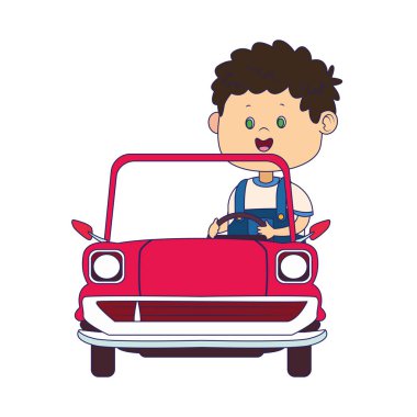 Klasik araba ikonu içinde sevimli bir çocuk.