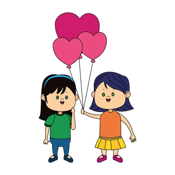 Meninas dos desenhos animados com balões de coração, design plano — Vetor de Stock