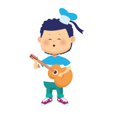 Mutlu çocuk gitar ikonu çalıyor, renkli tasarım.