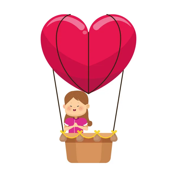 Chica feliz en globo de aire caliente en forma de corazón, diseño colorido — Vector de stock