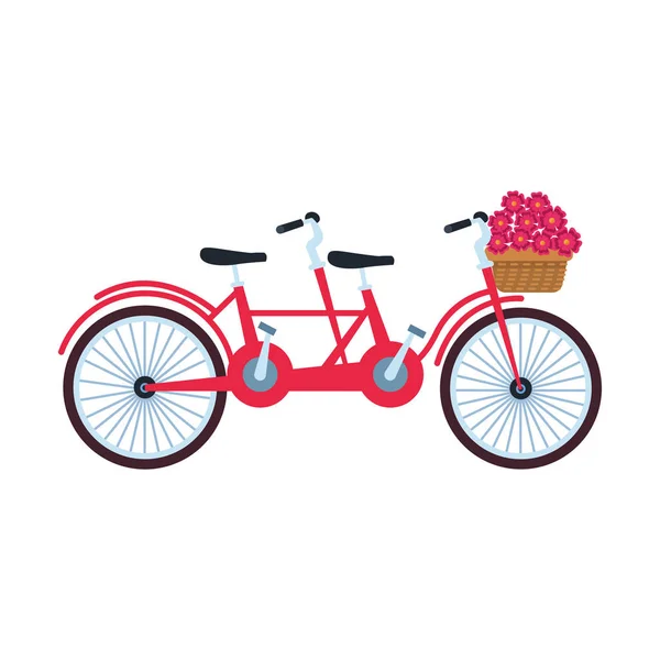 Κλασικό διπλό ποδήλατο με καλάθι με λουλούδια, πολύχρωμο σχεδιασμό — Διανυσματικό Αρχείο