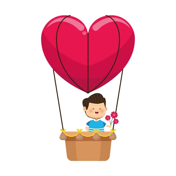 Menino com flores em balão de ar quente em forma de coração, design colorido — Vetor de Stock