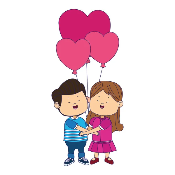 Feliz chica y chico enamorado de corazones globos — Vector de stock