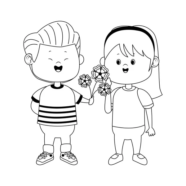 Ευτυχισμένο αγόρι δίνει λουλούδια ένα κορίτσι εικονίδιο, επίπεδη σχεδίαση — Διανυσματικό Αρχείο