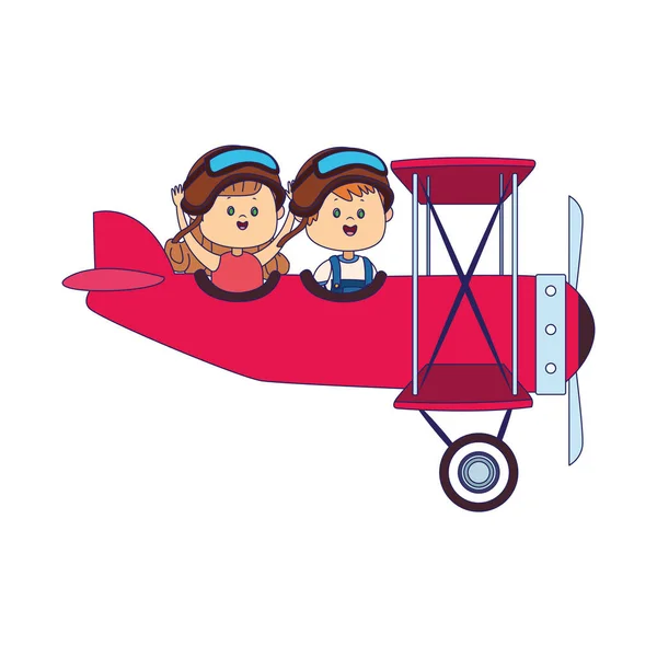 Avión ligero con chica feliz y niño — Vector de stock