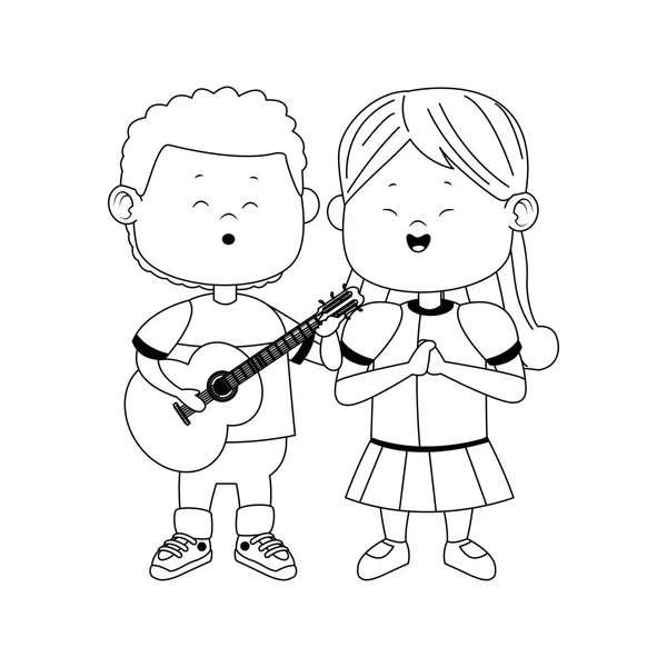 Lindo chico y chica de pie con la guitarra, diseño plano — Vector de stock