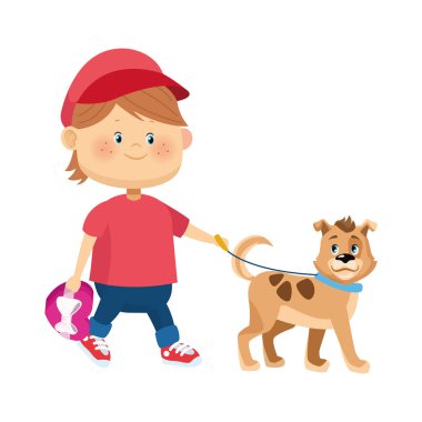 Çizgi filmdeki mutlu çocuk şirin bir köpekle yürüyor, renkli bir tasarım.