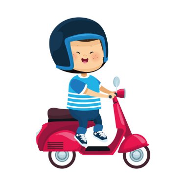 Mutlu çocuk klasik bir motosiklet sürüyor, renkli bir tasarım.