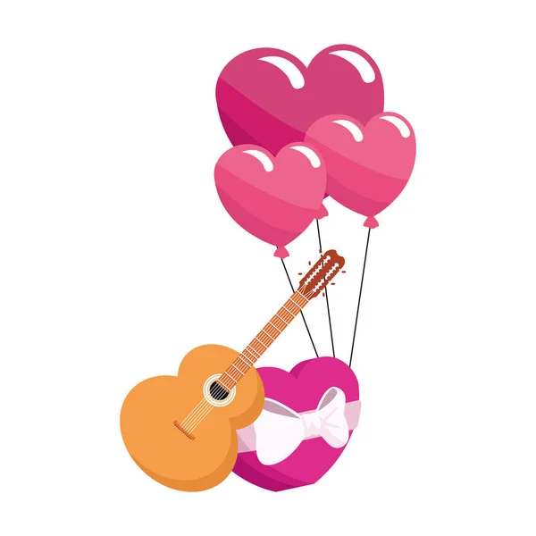 Гітара, серця повітряні кулі та шоколадна коробка — стоковий вектор
