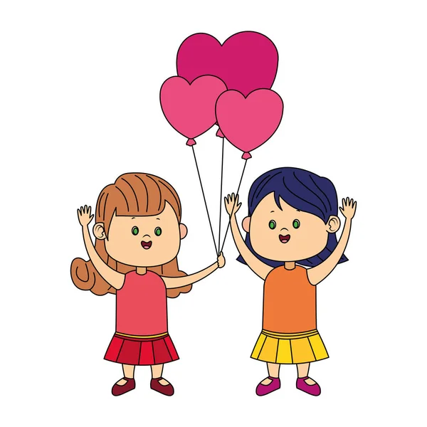 Słodkie dziewczyny z balonami serca, kolorowy design — Wektor stockowy