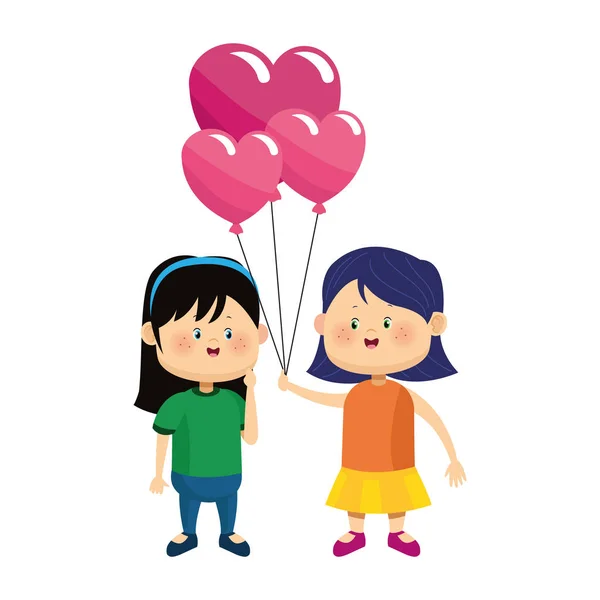 Καρτούν κορίτσια με μπαλόνια καρδιά, πολύχρωμο σχεδιασμό — Διανυσματικό Αρχείο
