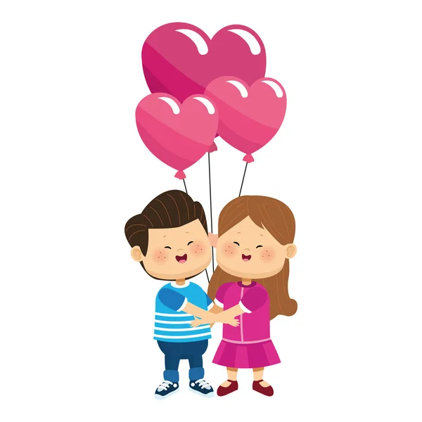 Chica feliz y niño enamorado de globos corazones, diseño colorido — Vector de stock