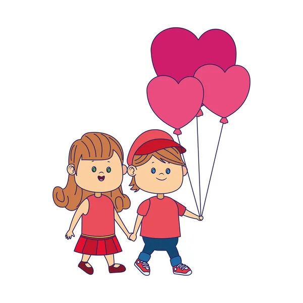 Menina feliz e menino andando com balões de corações — Vetor de Stock